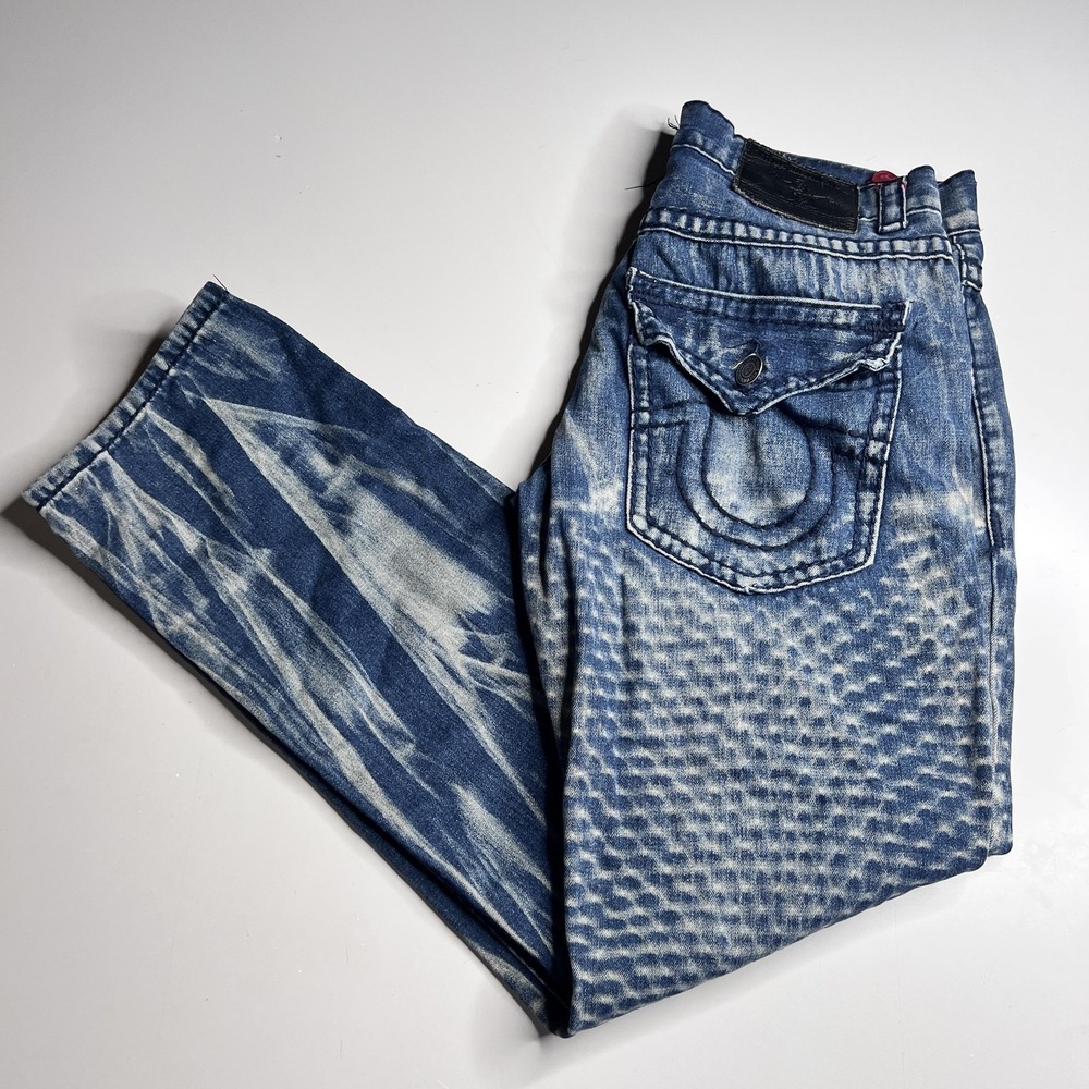 True Religion Mens Straight Leg Acid Wash Honeycomb Distressed Jeans Blue 36